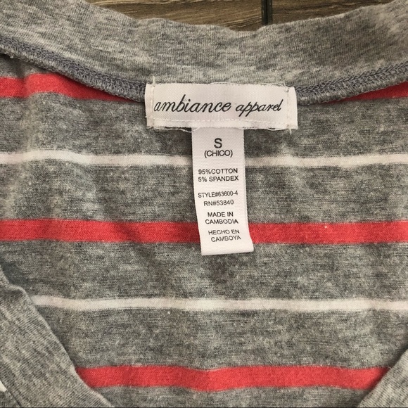 AMBIANCE APPAREL grey, white, and coral striped v neck tee shirt size small - Picture 2 of 5